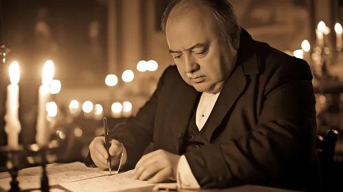 Man immersed in writing by candlelight