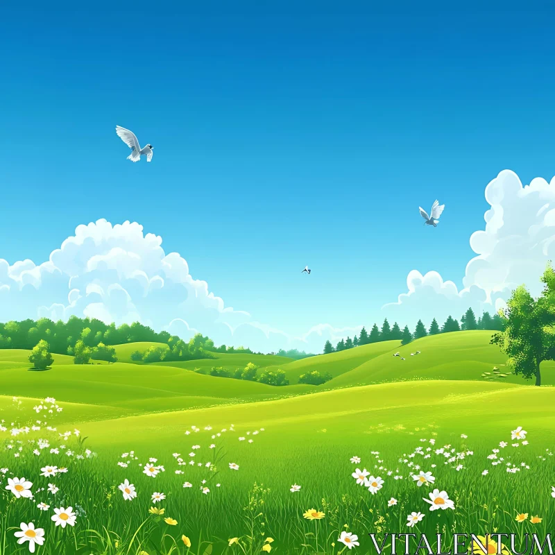 AI ART Peaceful Landscape: Birds Flying over Green Field