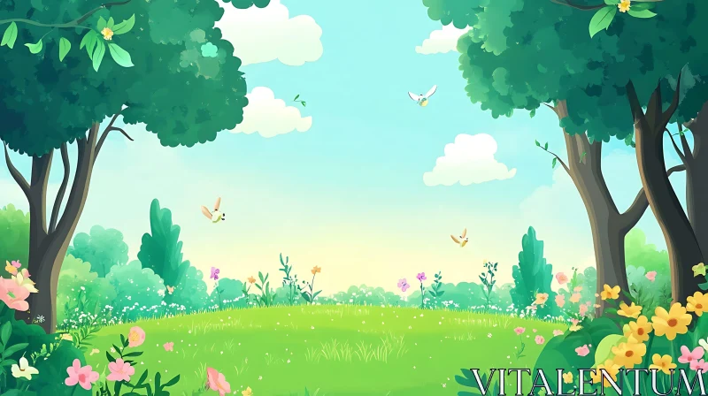 AI ART Cartoon Meadow with Trees and Flying Birds