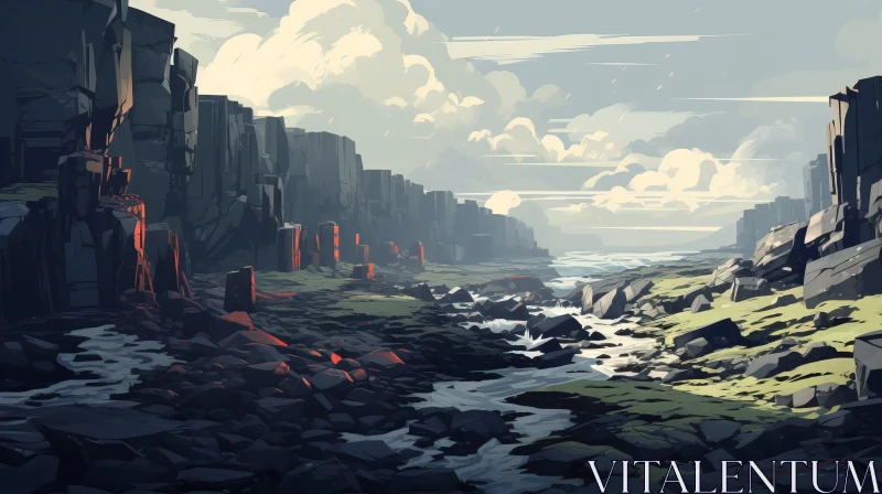 Mystical Mountain Landscape in Pixel Art AI Image