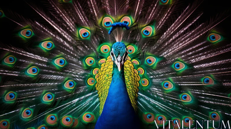 Peacock Displaying Vibrant Feathers in Symmetrical Pattern AI Image