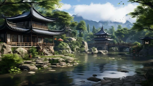 Serene Asian Village Illustration - Unreal Engine Render