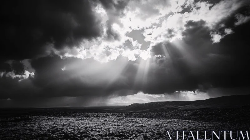 AI ART Sunbeams Breaking Through Dark Clouds in Barren Wilderness