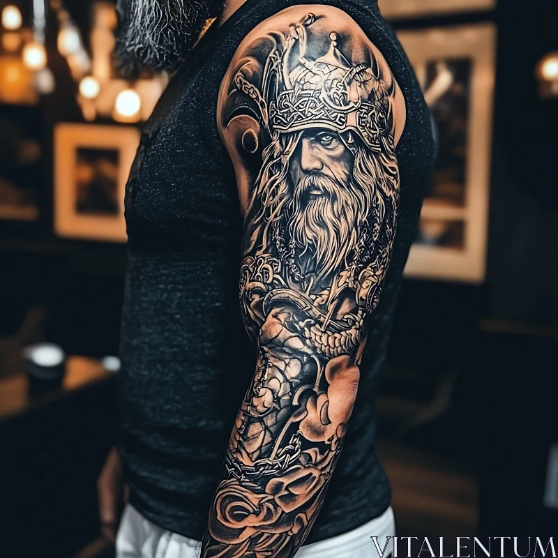 Detailed Tattoo Sleeve with Mythical Elements AI Image