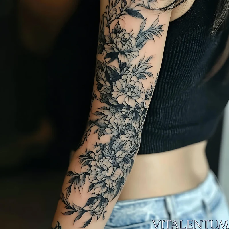 Detailed Black Ink Floral Tattoo on Forearm AI Image