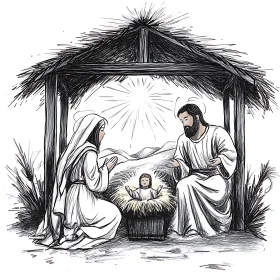 Monochrome Nativity Scene Illustration
