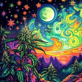 Abstract Psychedelic Night Sky and Greenery