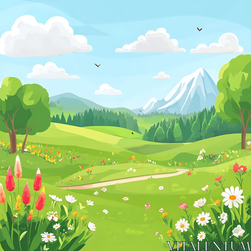 Blooming Wildflowers in a Mountain Valley AI Image