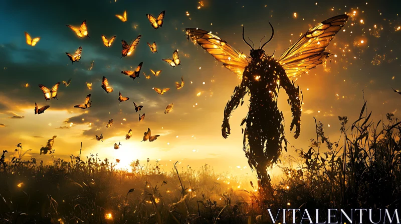 Sunset Magic: Butterfly Swarm and Winged Figure AI Image