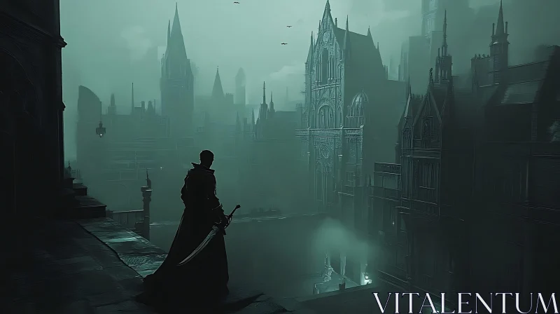 AI ART Misty Gothic City with Lone Warrior