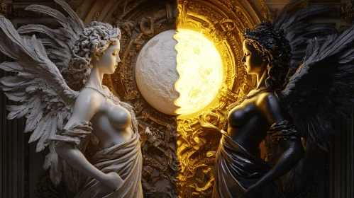 Monochrome Angels with Moon Sculpture