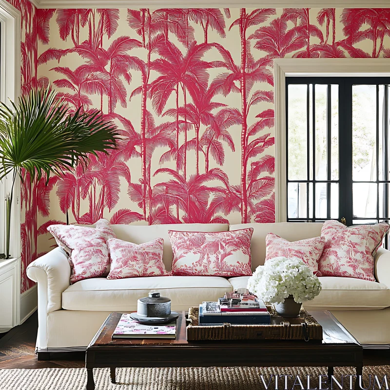 AI ART Living Room with Palm Tree Wallpaper