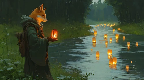 Lanterns Floating River Magical Fox