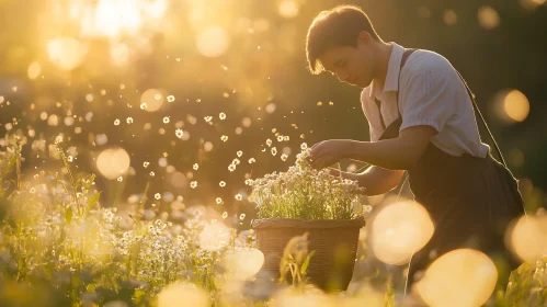 Man Harvesting Flowers in Sunny Meadow