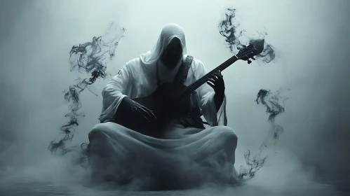 Shrouded Figure with Guitar in Smoke