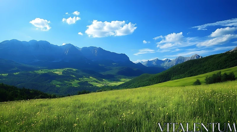 AI ART Lush Green Field Under Blue Mountain Sky