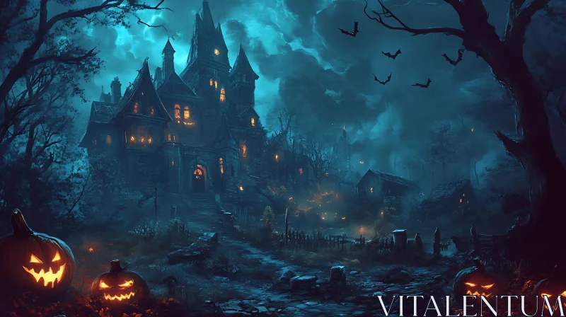 AI ART Spooky Halloween Night with Haunted House