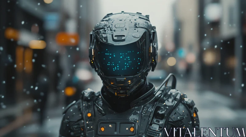 Tech-Savvy Cyborg Amidst Falling Snow in the City AI Image