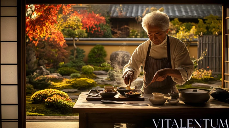 Culinary Artistry: Chef in Tranquil Garden Kitchen AI Image