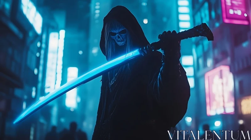 AI ART Cyberpunk Reaper with Luminous Sword