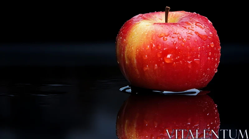 Glossy Red Apple with Reflection and Water Droplets AI Image