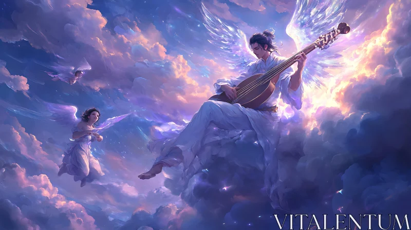 Heavenly Angel Playing Music in Clouds AI Image