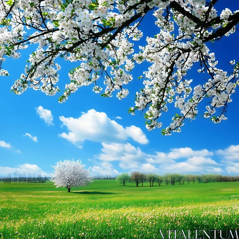 Scenic Green Field with White Blossoms AI Image