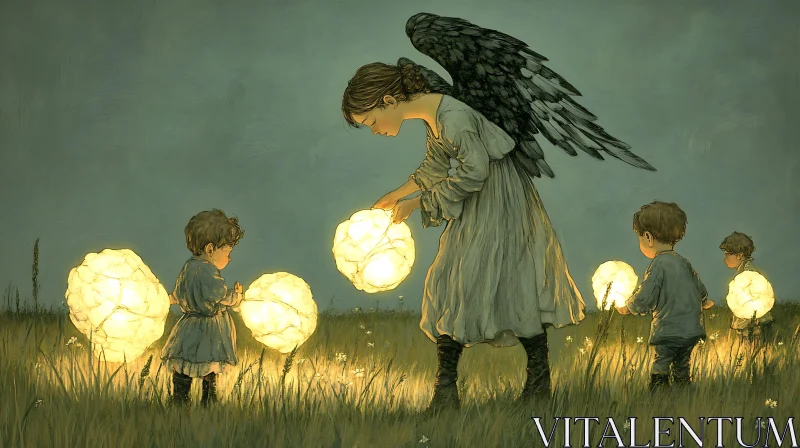 AI ART Guardian Angel with Children in Field