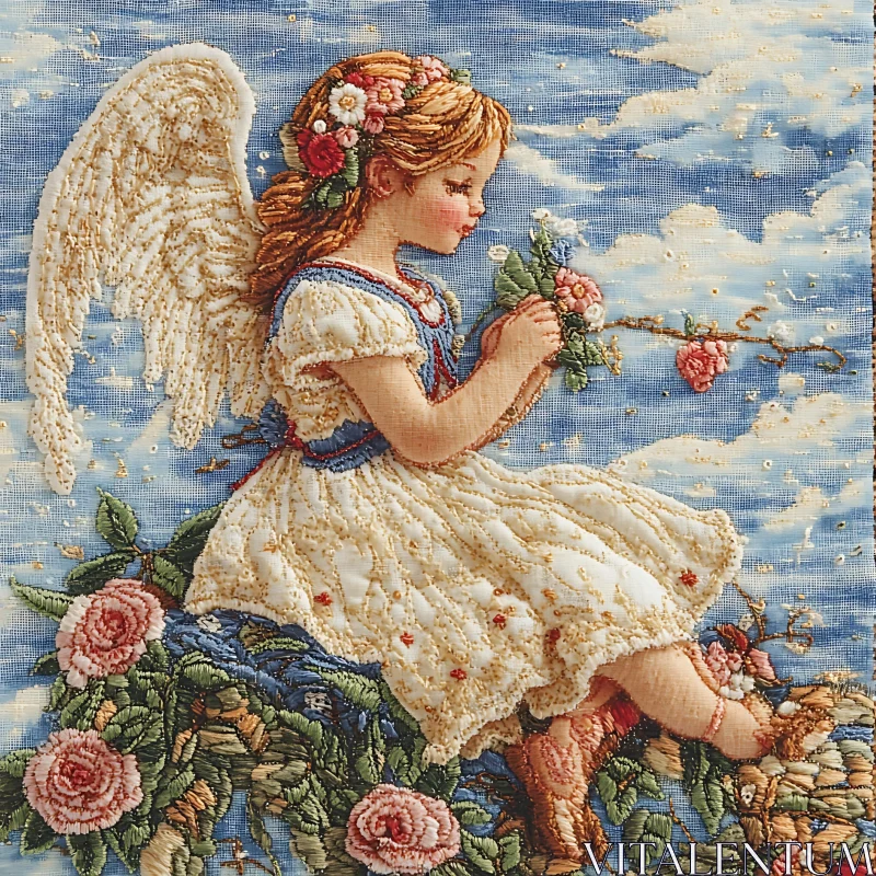 Floral Angel Child Embroidery Artwork AI Image