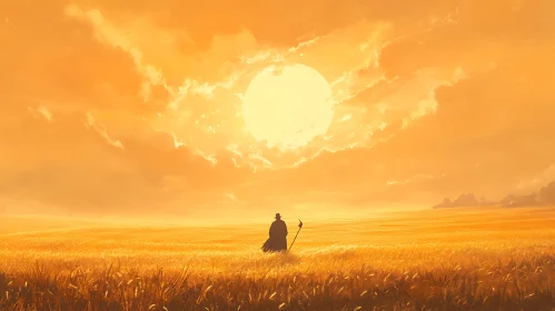 Figure in Golden Field at Sunset