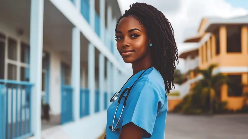 Serene Nurse Portrait in Blue Scrubs