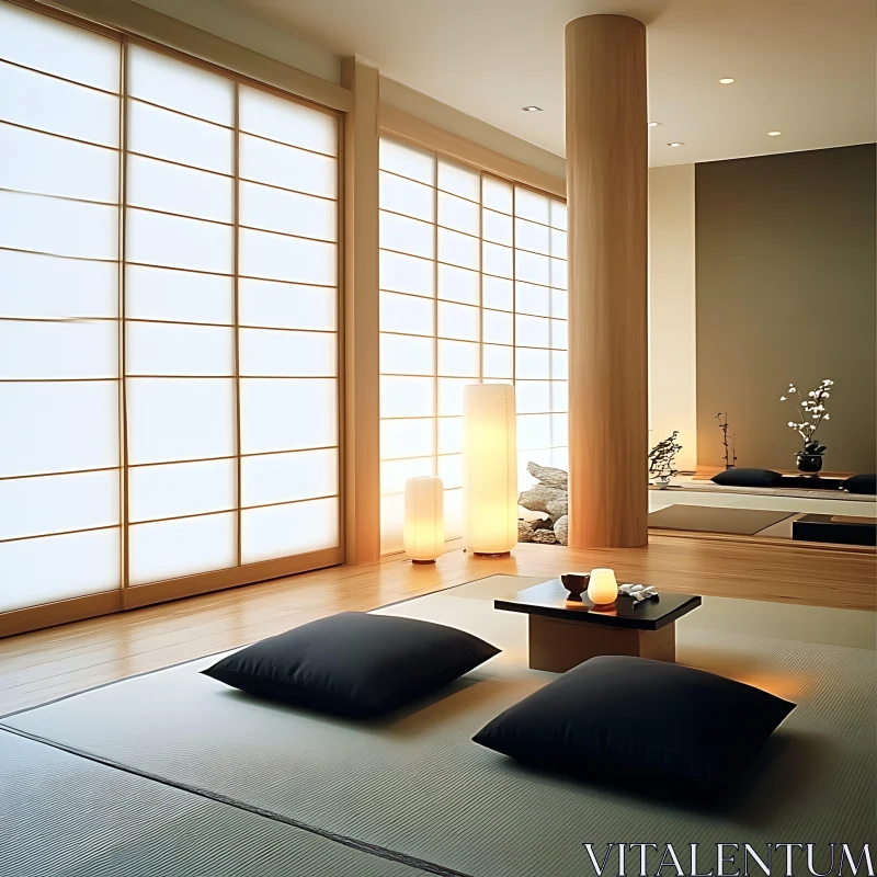 Peaceful Japanese Interior with Soft Lighting AI Image