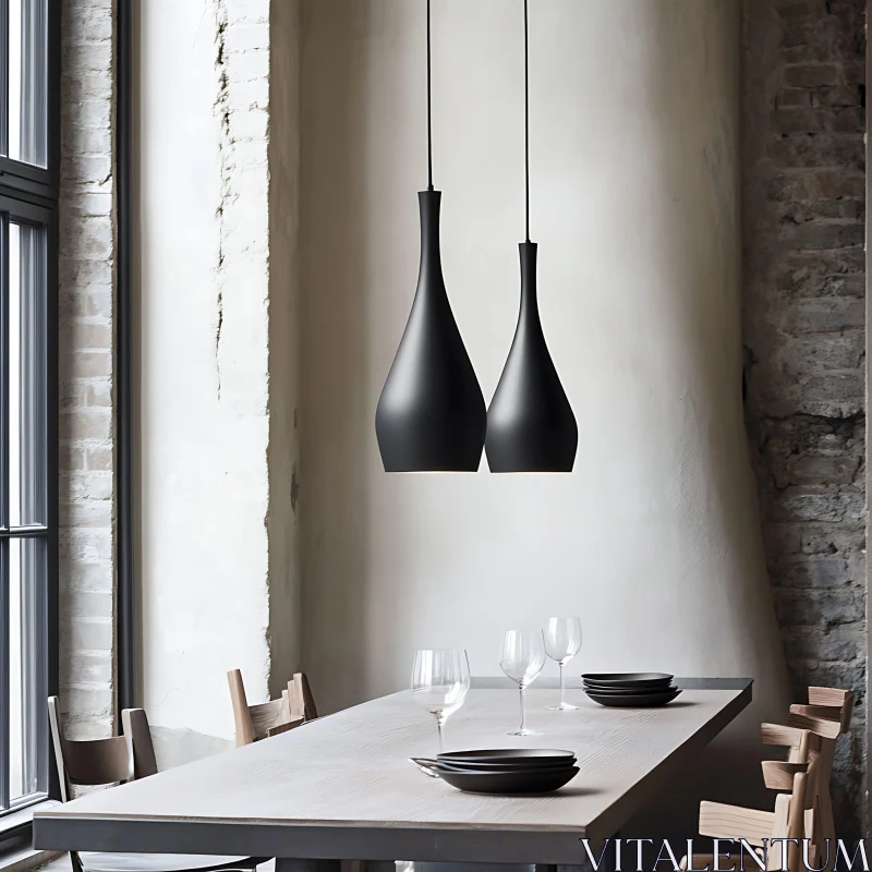 AI ART Minimalist Dining Room with Hanging Lamps