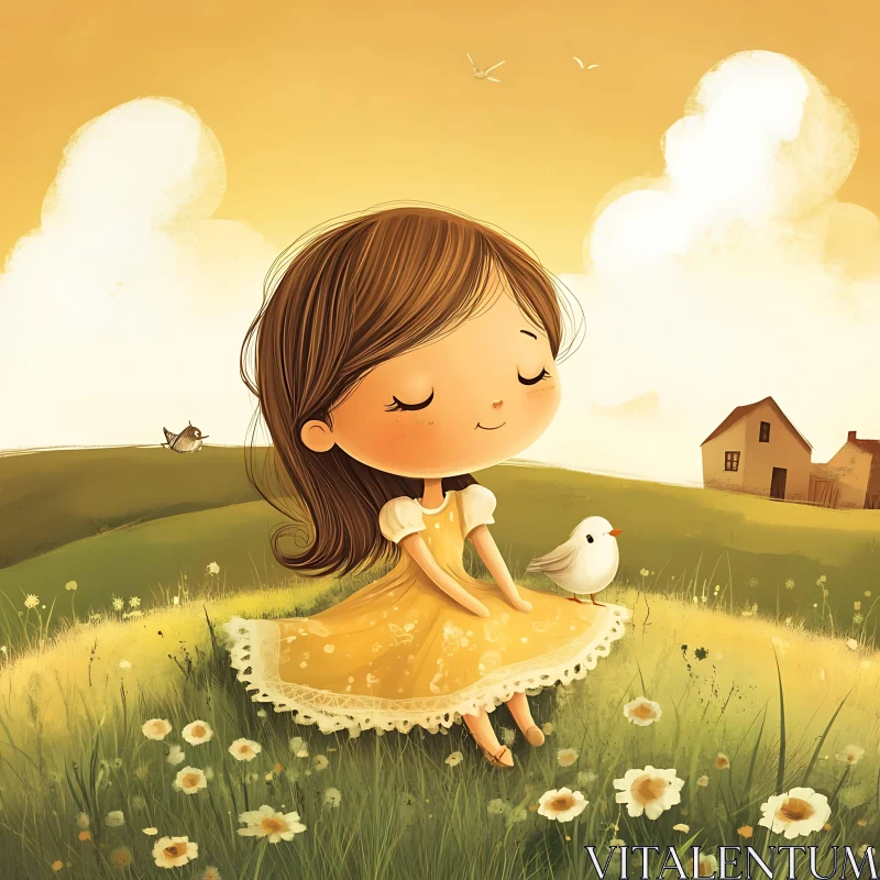 AI ART Peaceful Meadow Scene with Girl and Bird