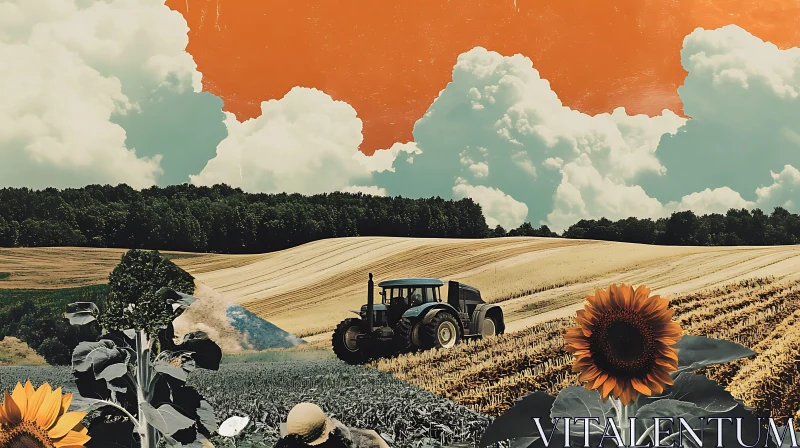 AI ART Retro Farm Collage with Sunflowers