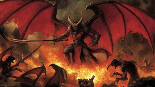 Winged Demon with Sword in Hellscape