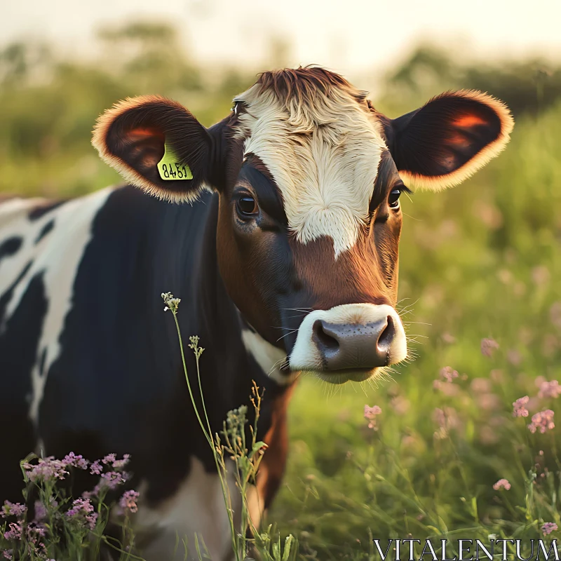 Peaceful Cow in a Field of Flowers AI Image