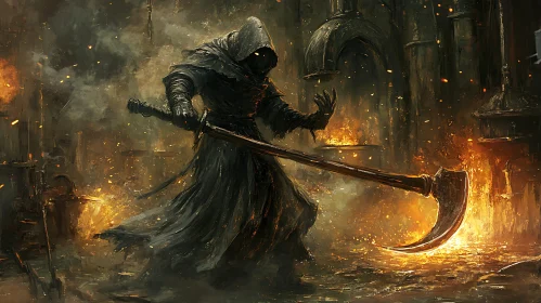 Hooded Scythe Warrior in Dark Fantasy Scene