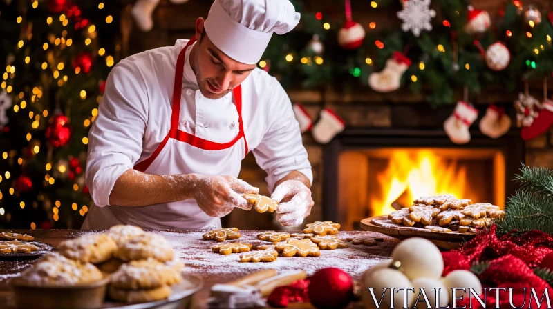 Chef Baking Christmas Cookies by Fireplace AI Image