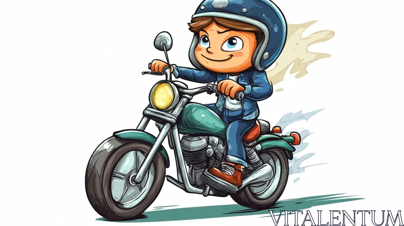 Boy Rides Motorcycle Cartoon Style AI Image