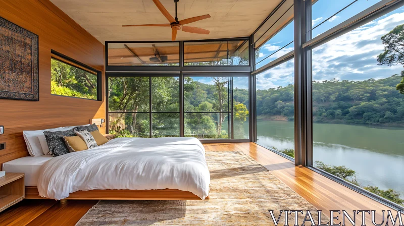 AI ART Modern Bedroom Interior with Lake Scenery