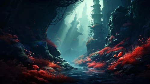 Dark Forest and River Artwork - Mysterious Landscape