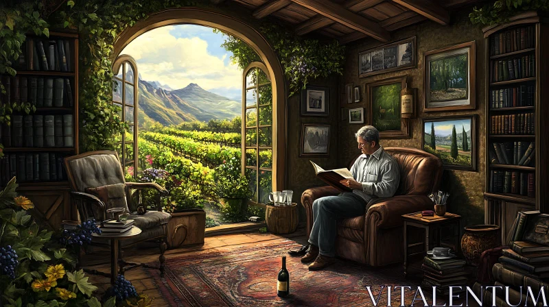 Man Reading in Cozy Vineyard Room AI Image