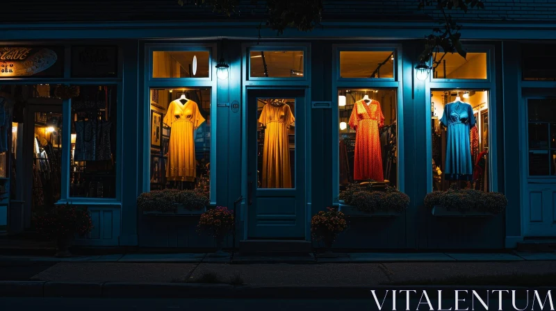 Enchanting Nighttime Photo of a Storefront with Mannequins AI Image