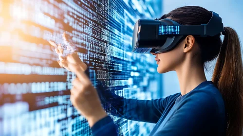 Woman Using VR Headset with Data Stream