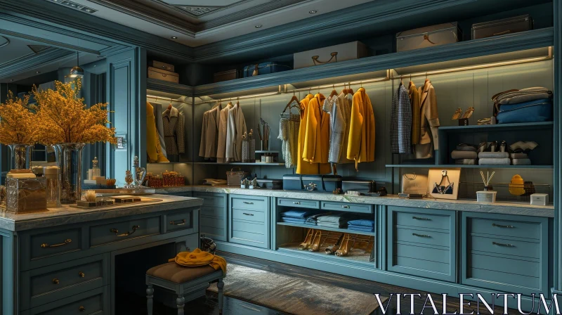 Luxurious Walk-in Closet with Dark Blue Millwork and Marble Countertops AI Image