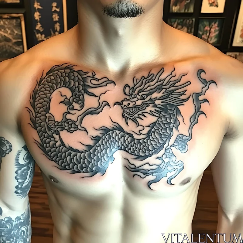 Mythical Dragon Chest Ink Art AI Image