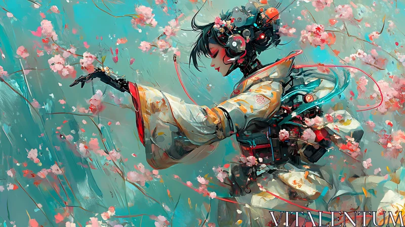 AI ART Futuristic Cyborg in Kimono with Cherry Blossoms