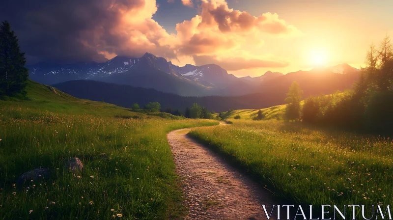 Golden Meadow Path to Mountains AI Image