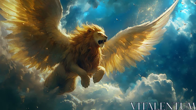 Golden Winged Lion in Flight AI Image